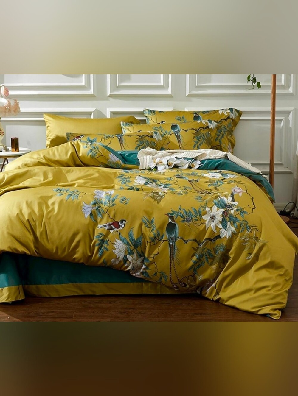 Mustard Yellow Floral Bird Duvet Set